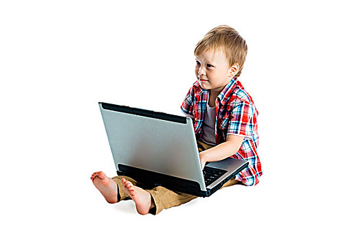 男孩,格子衬衫,笔记本电脑,白色背景