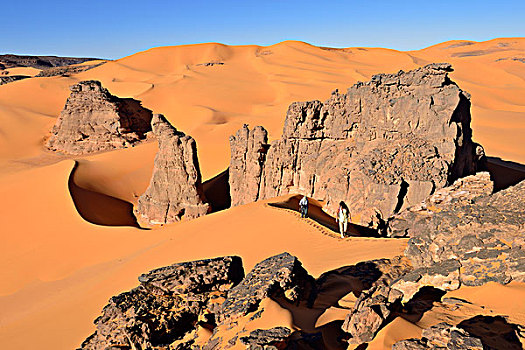 人,远足,沙丘,石头,国家公园,世界遗产,撒哈拉沙漠,阿尔及利亚,非洲