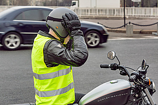 摩托车手,黄色,背心,安全,调整,头盔,巴黎,法国