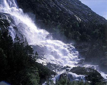 瀑布,霍达兰,挪威,斯堪的纳维亚,欧洲