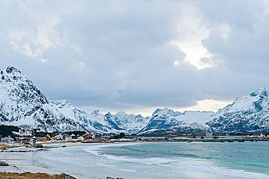 远景,水岸,乡村,雪山,瑞恩,罗弗敦群岛,挪威