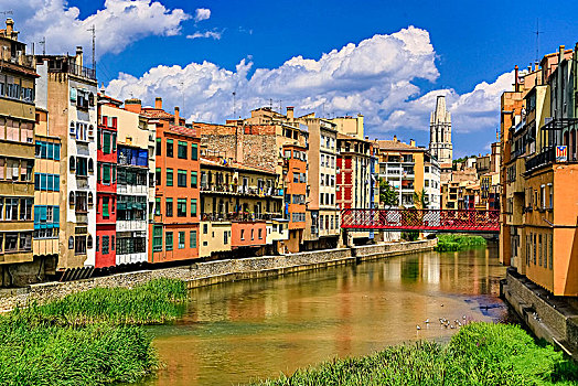红色,桥,上方,翁亚尔河,建造,彩色,建筑,赫罗纳,加泰罗尼亚,西班牙