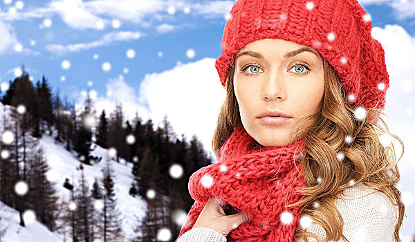 高兴,寒假,圣诞节,人,概念,特写,少妇,红色,帽子,围巾,上方,雪山,背景