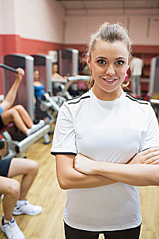 女性,训练,重量,房间,双臂交叉,健身房