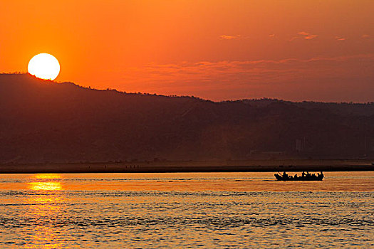 日落,上方,伊洛瓦底江,曼德勒,缅甸