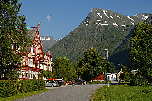 酒店,联合,传统,山,1891年,早,白天,攀登,阿尔卑斯山,鲁姆斯达尔,挪威,斯堪的纳维亚,欧洲