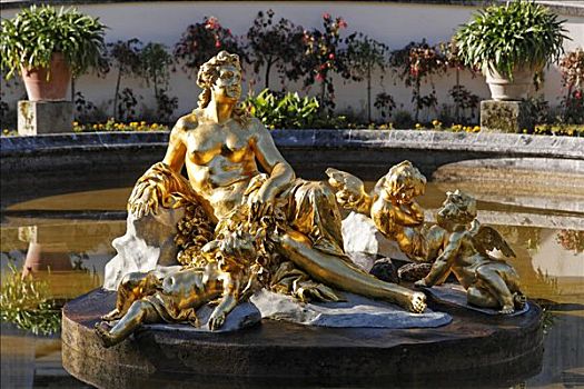 金色,喷泉,雕塑,水中,花坛,林德霍夫堡,公园,上巴伐利亚,德国