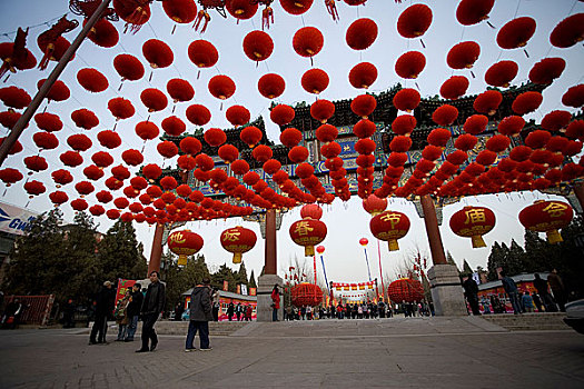 逛北京春节庙会的人和红灯笼