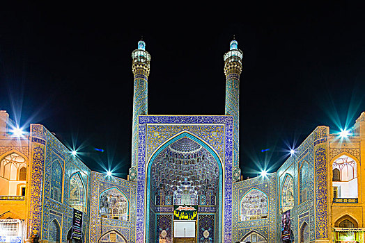 沙阿,清真寺,夜晚,伊斯法罕,伊朗,亚洲