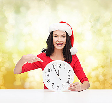 圣诞节,圣诞,冬天,高兴,概念,微笑,女人,圣诞老人,帽子,钟表,展示