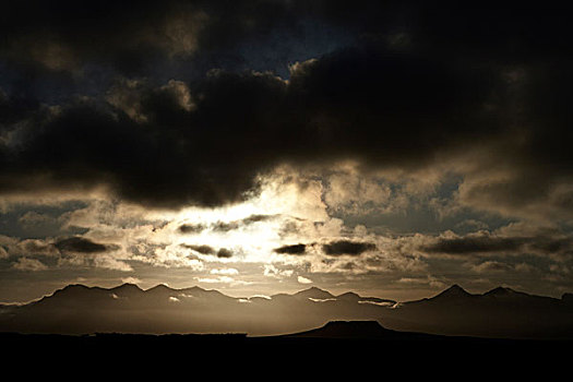 火山,日落,斯奈山半岛,韦斯特兰德,冰岛