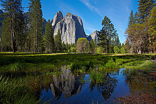 教堂岩,反射,水塘,优胜美地山谷,优胜美地国家公园,加利福尼亚,美国