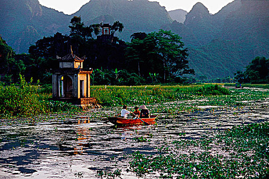 越南,河内,村民,小船