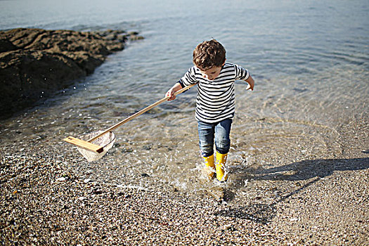 3岁,男孩,玩,水,海滩