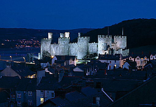 北威尔士,英国,历史,城堡,夜景,夜晚,暗色,光亮,中世纪,威尔士,拿着,要塞,防卫,童话,角塔,墙壁