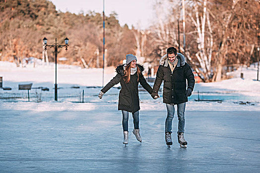 全身,幸福伴侣,握手,享受,滑冰,滑冰场