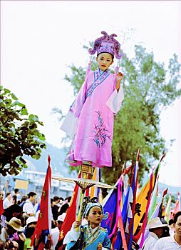 中国,香港,长洲,岛屿,女孩,穿,传统服装,站立,小,立足点,拿,向上,男孩,队列,2000年
