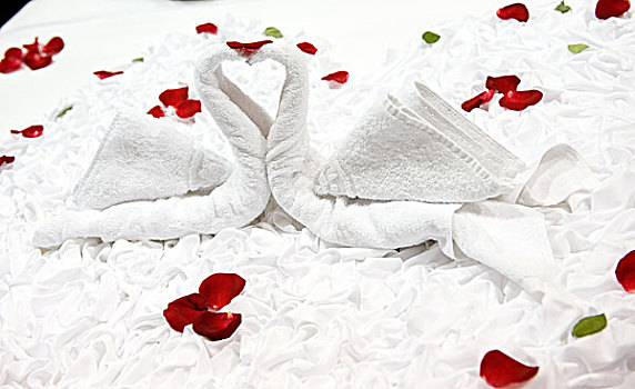 两个,天鹅,心形,毛巾,蜜月,床