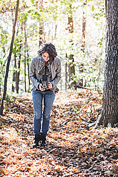 美女,摄影,秋叶,树林