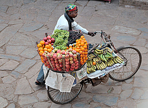 巴克塔普尔,尼泊尔,水果,摊贩,走,老,街道