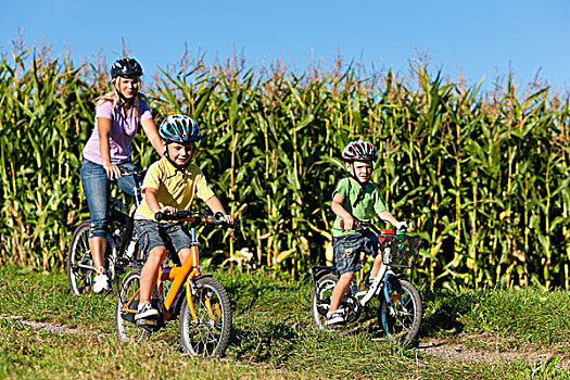 家庭,骑自行车,夏天,母亲,两个,儿子