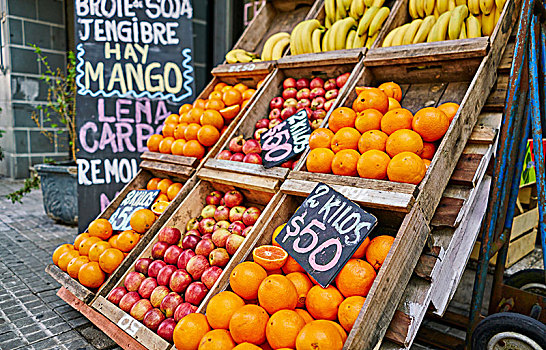新鲜,苹果,橘子,板条箱,市场货摊,蒙得维的亚,乌拉圭,南美