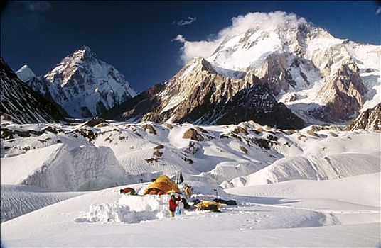 营地,乔戈里峰,左边,宽,顶峰,后面,喀喇昆仑山,巴基斯坦