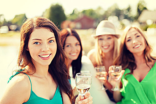 暑假,度假,庆贺,概念,微笑,女孩,香槟,玻璃杯