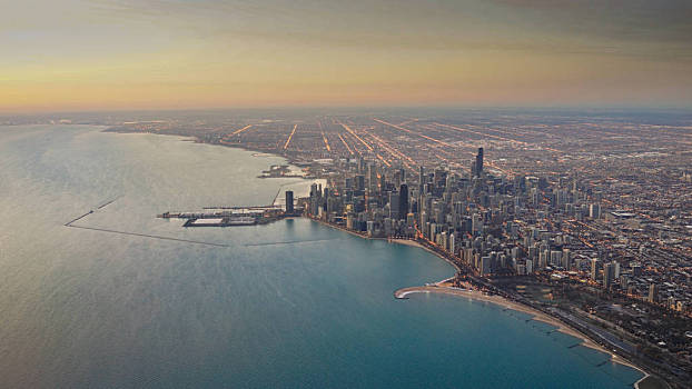 芝加哥,天际线,日出,俯视,航拍,冬天