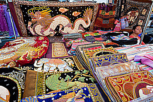泰国,清迈,星期日,街边市场,编织物,商品,货摊