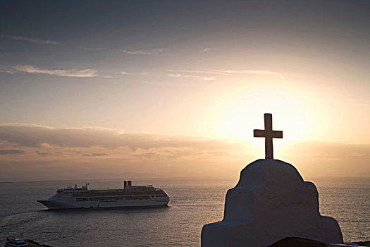 风景,教堂,海洋,渡轮,日落,锡拉岛,基克拉迪群岛,希腊