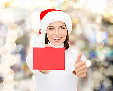 圣诞节,人,广告,销售,概念,高兴,女人,圣诞老人,帽子,留白,红牌,展示,竖大拇指,手势,上方,背景
