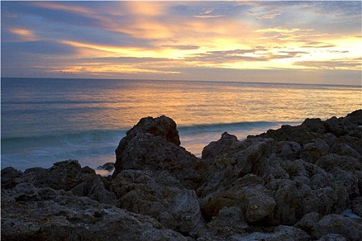 岩石,海岸线,日落