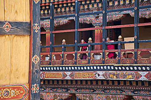僧侣,红色,长袍,室内,帕罗宗,不丹