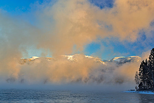 蒸汽,白鲑,湖,早晨,州立公园,蒙大拿,美国
