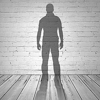 影子,一个,男人,白色背景,砖墙,木地板