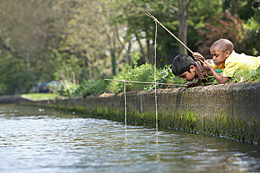 男孩,钓鱼,河边,一起
