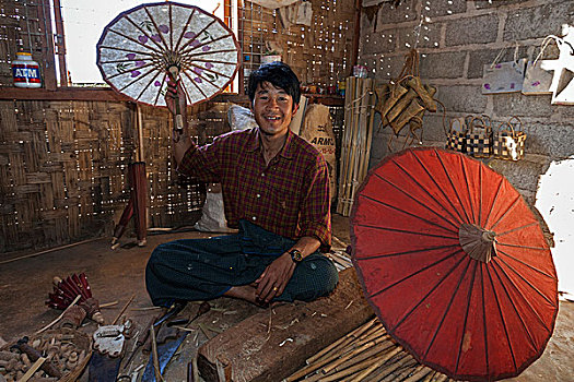 男人,伞,工厂,靠近,掸邦,缅甸,亚洲
