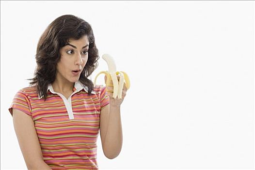 女人,拿着,香蕉,看,吃惊