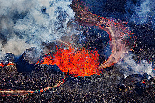 火山,喷发,裂缝,靠近,冰岛,航拍,火山岩,喷泉,巨大,八月