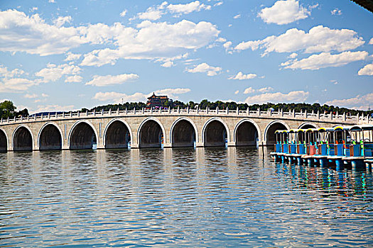 蓝天白云下的十七孔桥和昆明湖