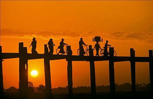 日落,柚木桥,湖,曼德勒,缅甸