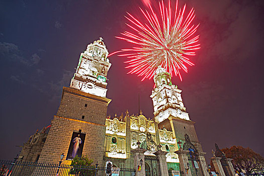 烟花,上方,大教堂,莫雷利亚,墨西哥