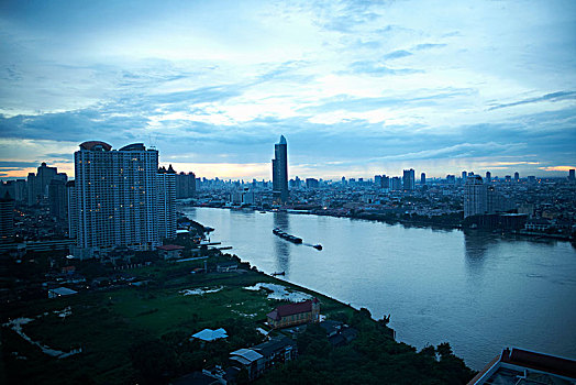 黎明,城市,湄南河,曼谷,泰国