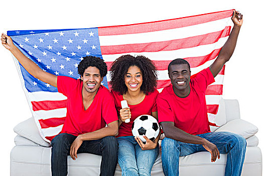 高兴,足球,球迷,红色,坐,沙发,美国国旗