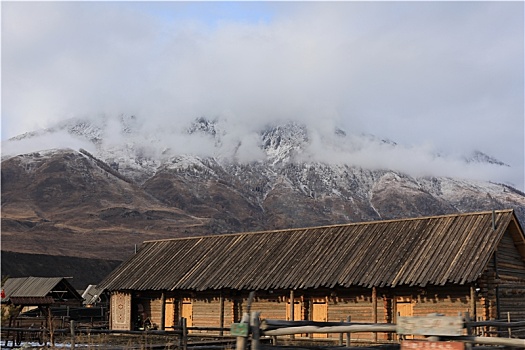 新疆阿勒泰地区山区路上野外风光冬季冬天禾木村庄小木屋