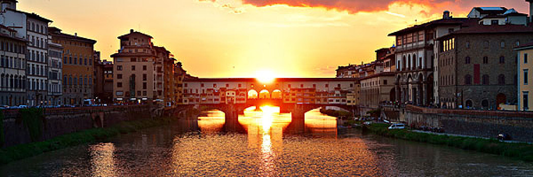 维奇奥桥,上方,阿尔诺河,全景,佛罗伦萨,意大利,日落,一瞬