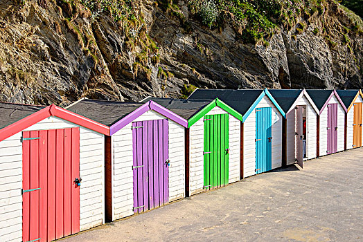 彩色,海滩小屋,纽基,康沃尔,英格兰,英国