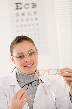 光学设备,医生,女人,眼镜,视力表