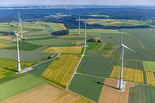 航拍,风电场,风轮机,农田,靠近,藻厄兰,北莱茵威斯特伐利亚,德国,欧洲